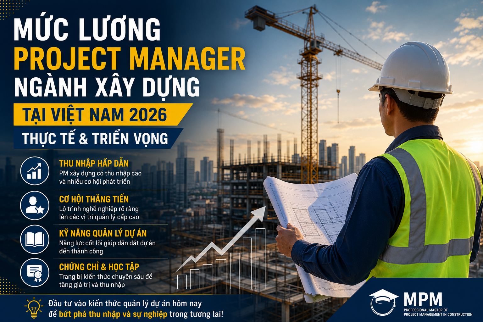Project Manager xây dựng đứng tại công trường, biểu đồ lương 2026